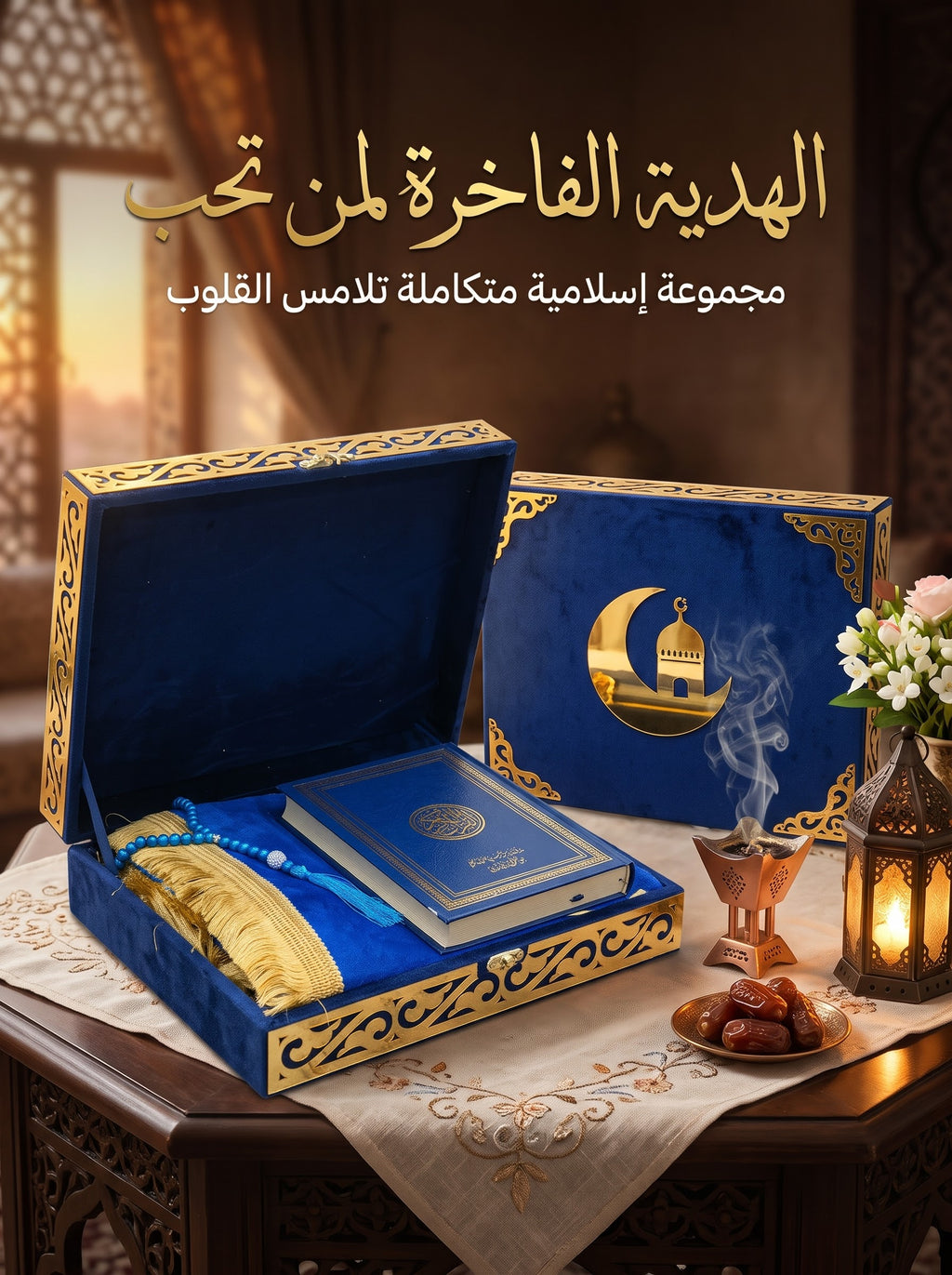 🎁 بوكس "السكينة" الفاخر – سجادة، مصحف، وسبحة في علبة مخملية ملكية ( بعدة ألوان )