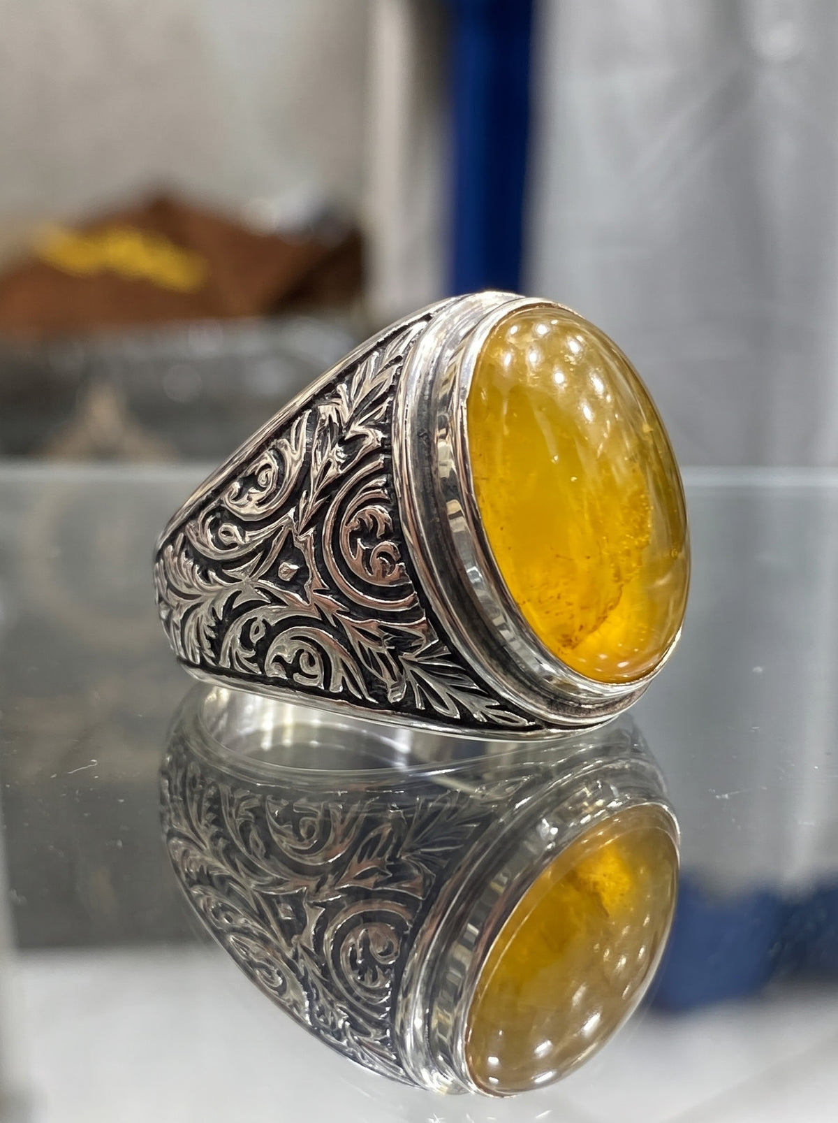 💍خاتم فضة عيار 925 بحجر العنبر أو الكهرمان الطبيعي الأصلي  💎