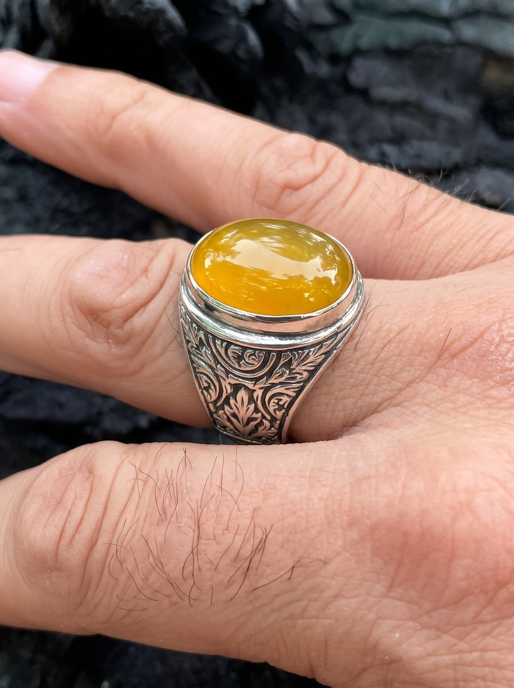 💍خاتم فضة عيار 925 بحجر العنبر أو الكهرمان الطبيعي الأصلي  💎
