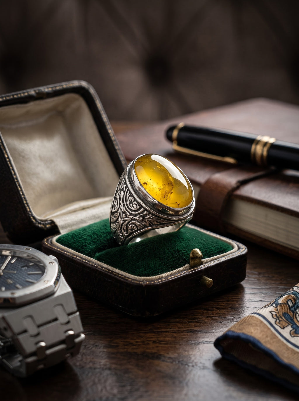 💍خاتم فضة عيار 925 بحجر العنبر أو الكهرمان الطبيعي الأصلي  💎